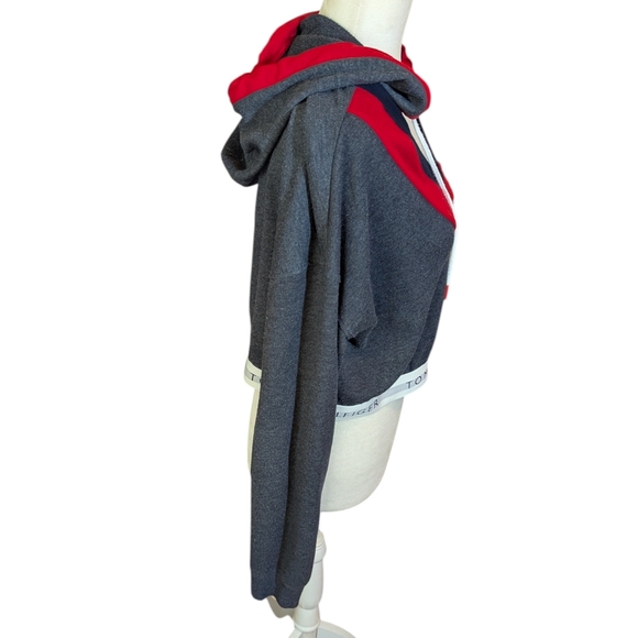 Vtg Y2K Preppy Tommy Hilfiger Gray Hooded Cropped Sweatshirt Top Sz L - Picture 6 of 9